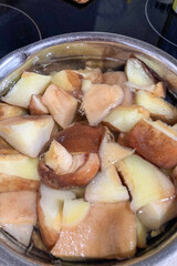Boiling bowl full of brown mushrooms