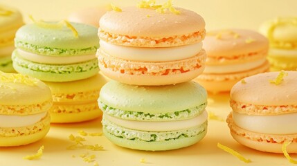 A colorful arrangement of pastel macarons sits on a sunny yellow background, with fresh lemon zest sprinkled around for added texture and flavor, inviting a sweet treat experience.