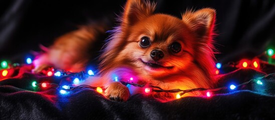 Pomeranian dog adorned with colorful lights isolated on black velvet background perfect for festive greetings or promotional use
