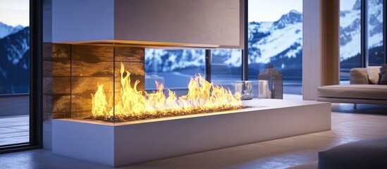 Roaring flames dancing in a contemporary fireplace illuminating a cozy living space