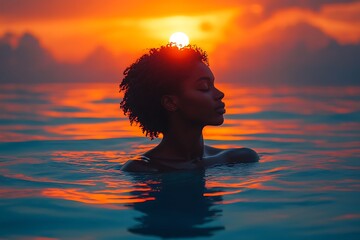 Silhouette of a woman in the ocean during a sunset