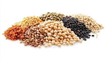 Assortment of different beans, peas, and seeds. This image is perfect for showcasing the variety of legumes and grains available for culinary purposes.