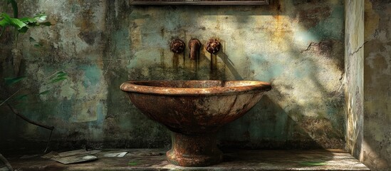 Rusty iron washbasin in a derelict house evoking nostalgia and forgotten history