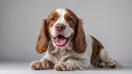 Pure youth crazy. English cocker spaniel young dog is posing. Cute playful white-braun doggy or pet is playing and looking happy isolated on white background. Concept of motion, action, movement
