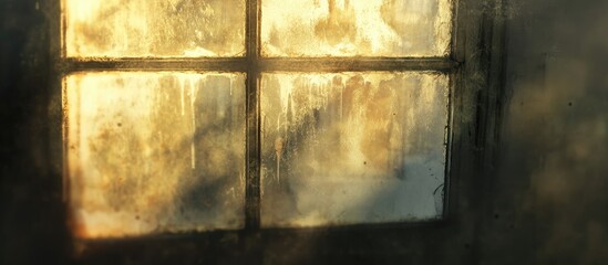 Play of light and shadow through a dirty glass window warm sunlight illuminating the blurred interior of an old house