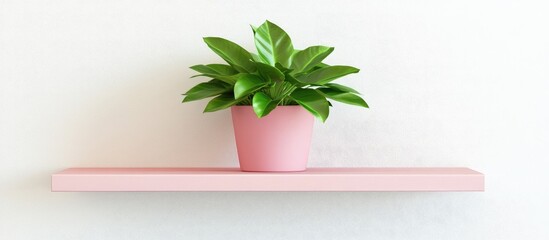 Shelf adorned with a vibrant green plant in a pink pot against a pristine white wall ideal for interior design inspiration