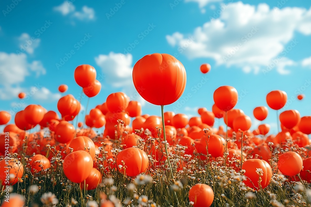 Poster surreal landscape of red orbs floating in a field against a blue sky. abstract 3d digital art for ba