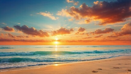 Fototapeta premium Closeup sea sand beach. Panoramic beach landscape. Inspire tropical beach seascape horizon. Orange and golden sunset sky calmness tranquil relaxing sunlight summer mood. Vacation travel holiday banner