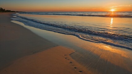 Obraz premium Closeup sea sand beach. Panoramic beach landscape. Inspire tropical beach seascape horizon. Orange and golden sunset sky calmness tranquil relaxing sunlight summer mood. Vacation travel holiday banner