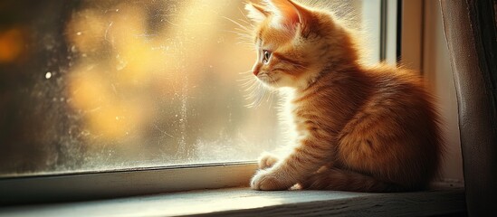Red kitten perched on the windowsill enjoying the warm sunlight streaming in