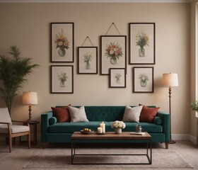 A Scandinavian-inspired living room with a sofa set and blank vertical frames is displayed on the wall as a 3D illustration image.