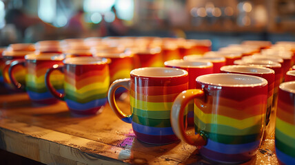 Ceramic Pride Mugs: A collection of ceramic mugs painted in rainbow colors, representing love and community spirit.