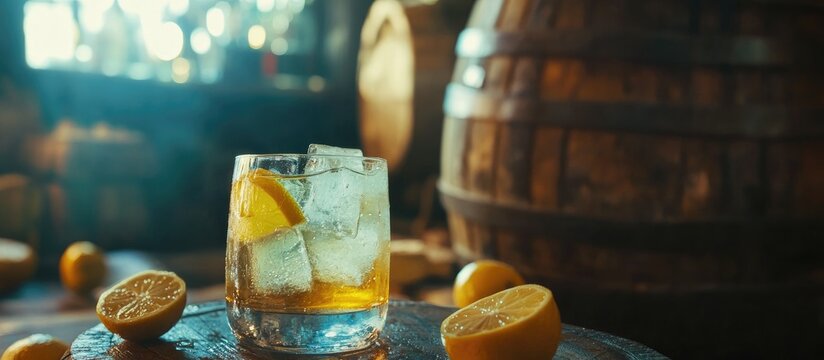 Refreshing cachaca served in a rustic setting with a barrel and fresh lemon slices in the background