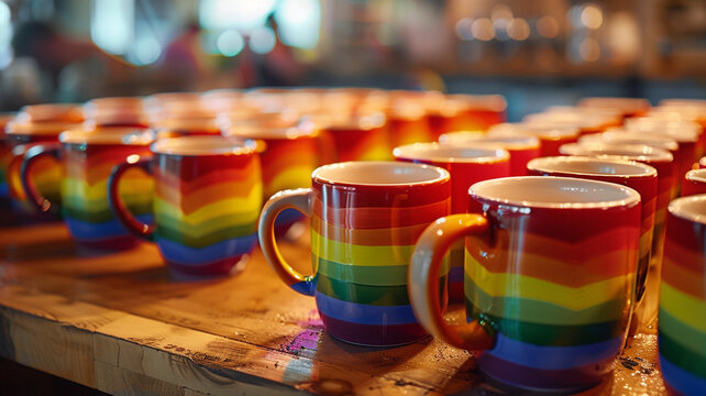 Ceramic Pride Mugs: A collection of ceramic mugs painted in rainbow colors, representing love and community spirit.