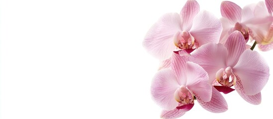 Obraz premium Orchid flower blooming in a decorative pot against a crisp white backdrop ideal for home decor and floral arrangements