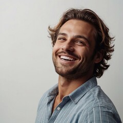 A laughing and smiling positive adult man with a beard