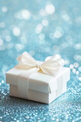 A white gift box with a satin bow on a vibrant blue background, perfect for celebrations or special occasions.