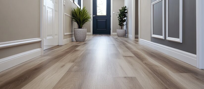 Newly installed laminate flooring in a residential hallway with perfectly aligned wooden planks enhancing the fresh and modern aesthetic