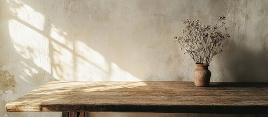 Rustic wooden table set against a whitewashed wall in a cozy rural room inviting atmosphere