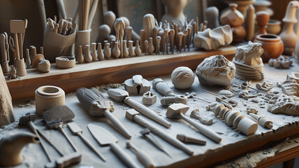 Sculpting Tools Arranged for Clay Modeling: A selection of sculpting tools organized on a table, ready for use in clay modeling.