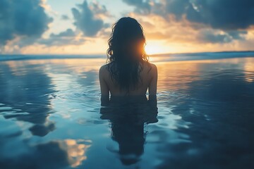 Fototapeta premium Silhouette of woman in the ocean with colorful sunset in background