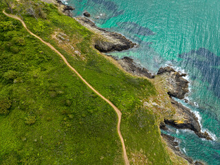 Aerial view of the customs officers' path and Brittany coast, walking trip along the beautiful...