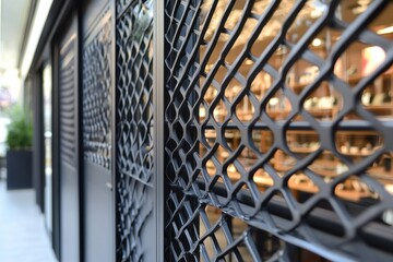 Black metal grid on storefront window. Perfect for projects related to architecture, design, or urban exploration.