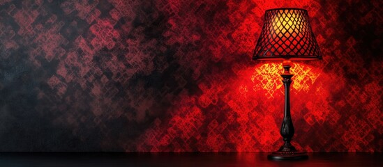 Retro metal lamp with intricate detailing against a striking black and red background perfect for interior design accents