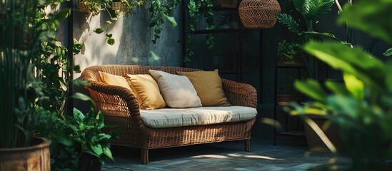 Rattan sofa chair elegantly arranged in a cozy patio garden lounge perfect for outdoor relaxation
