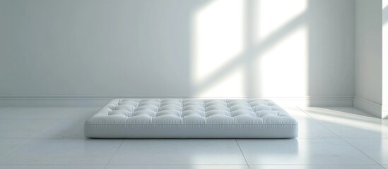 Portable air inflating mattress on white ceramic floor in a minimalist empty room ideal solution for moving into a new home or renting an apartment