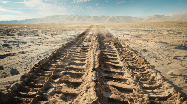 Tank Tracks in Desert Sand: Deep tank tracks left in a barren desert landscape, with sand slowly blowing over, hinting at recent military presence in a hostile environment.