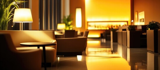 Restaurant layout with elegant seating and ambient lighting in a modern hotel setting