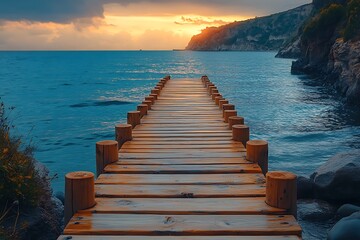 Fototapeta premium Wooden pier extending into the sea at sunset. Concept of journey, hope, new beginnings, and future.