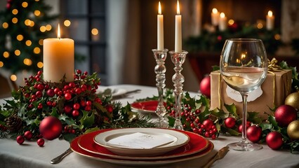Festively arranged table setting with candles, wine glass, and decorations for a Christmas dinner celebration
