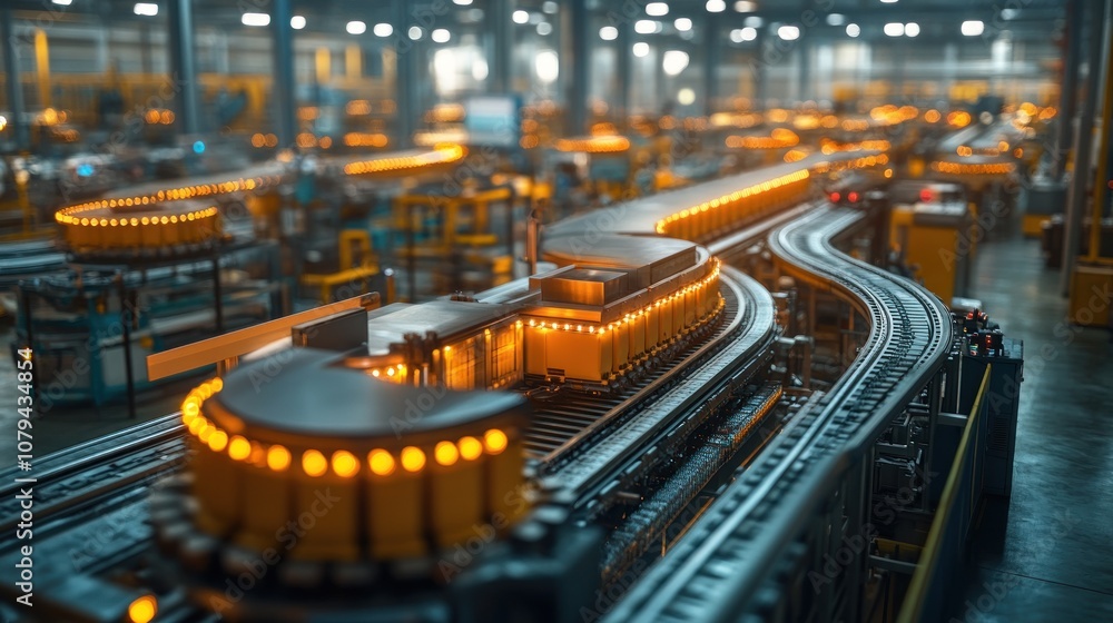 Poster automated factory with conveyor belts and illuminated sections.