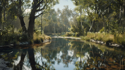A peaceful pond mirrors the trees and sky above, crafting a harmonious landscape that embodies the essence of tranquility.