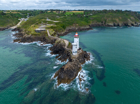Aerial view of the Petit Minou Lighthouse is a lighthouse in the roadstead of Brest, standing in front of the Fort du Petit Minou, in the commune of Plouzan&eacute;. Coastline. France
