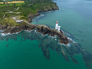 Aerial view of the Petit Minou Lighthouse is a lighthouse in the roadstead of Brest, standing in front of the Fort du Petit Minou, in the commune of Plouzané. Coastline. France