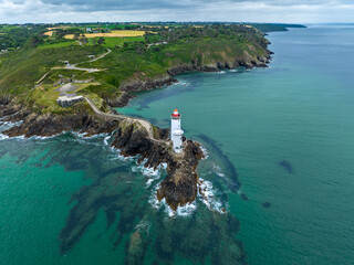 Aerial view of the Petit Minou Lighthouse is a lighthouse in the roadstead of Brest, standing in...