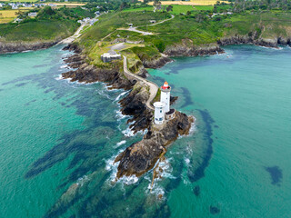 Aerial view of the Petit Minou Lighthouse is a lighthouse in the roadstead of Brest, standing in...
