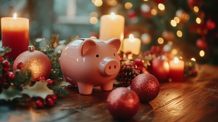 A pink piggy bank sits on a wooden table surrounded by Christmas ornaments, evergreen sprigs, and lit candles.