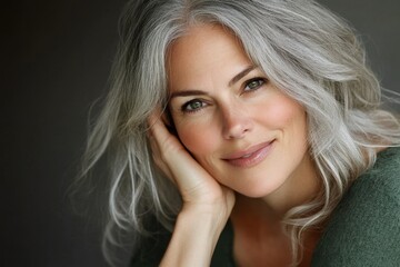 Naklejka premium Smiling woman with silver hair. Perfect for beauty, skincare, and aging gracefully concepts.