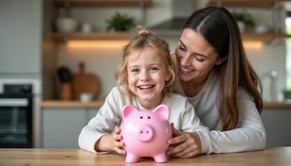 A joyful mother and her daughter smiling while holding a pink piggy bank. The image conveys concepts of saving money and family happiness.

