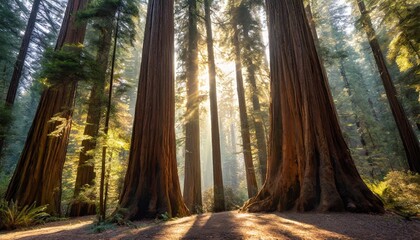 Towering Redwood Trees Reaching Up to the Sky, Casting Long Shadows Across the Forest Floor, as the Early Morning Light Filters Through the Canopy Creating a Serene Scene