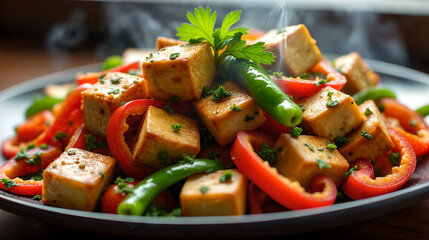 Unappealing Tofu and Overcooked Bell Pepper Stir-Fry with Off-putting Flavor and Aroma
