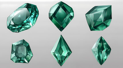 Fototapeta premium Emerald gemstones in different cuts isolated on transparent background. Celadon. Illustration