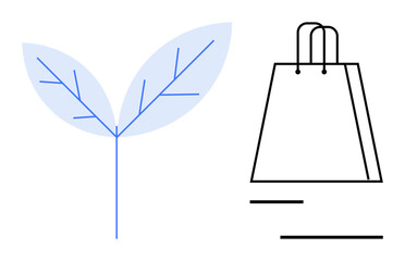 Leaf with blue veins alongside minimalist shopping bag line drawing. Ideal for sustainability, eco-friendly practices, green retail, nature conservation, ecological shopping, organic products