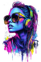 Naklejka premium Colorful Digital Illustration of a Woman with Headphones and Sunglasses