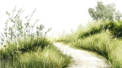 Fototapeta premium Watercolor Landscape with a Path Through Tall Grass and Trees, Nature , Watercolor Art