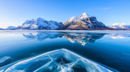 Reflected Mountains on a Frozen Lake, Abstract Ice Texture, Winter Landscape ,Canada ,Nature